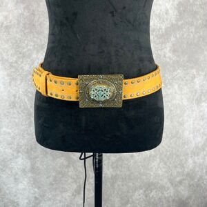 Vtg Streets Ahead Leather Belt Wmns M Tan Studded Blue Rhinestone Buckle Western